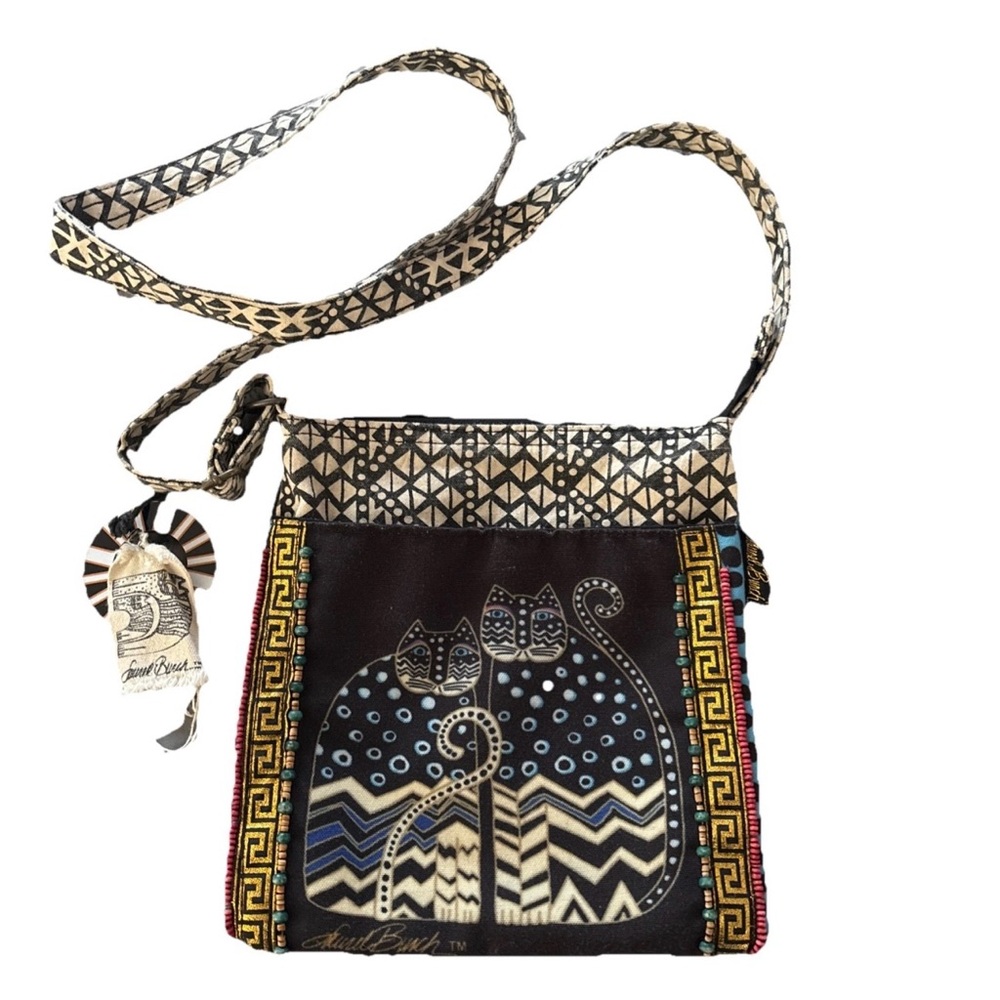Laurel Burch Black and Cream Cat Pattern Crossbody Bag